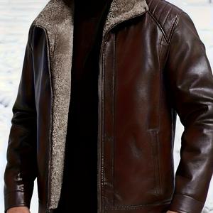 TEMU 남성용 빈티지 풀지퍼 PU 가죽 겨울 자켓 - 스탠드 칼라 & 보온 안감, 루즈핏 아우터웨어, 겨울 야외 활동용, 드라이클리닝 가능한 레트로 PU 가죽 자켓|빈티지