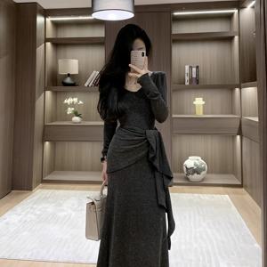 TEMU 여성용 2025 신상 V넥 드레스 - 허리 슬림 A라인 무릎길이 롱슬리브 드레스, 세탁기 사용 가능 겨울 드레스, 웨딩용 - 단색 가을 겨울 아웃핏|여성원피스|민소매원피스|드레스