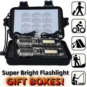 TEMU 1개/2개입 고휘도 충전식 LED 전술 손전등, 총 7가지 모드, COB 사이드 라이트 - 디지털 디스플레이 기능이 있는 빨간색 파란색 깜박임, 변수 줌, 선물 상자 세트, Type-C , 비상 상황, 캠핑에 적합|후레쉬