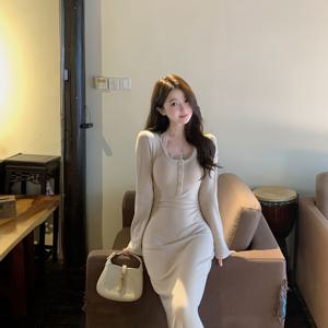 TEMU 한국 스타일 고급 버튼 바디콘 드레스 | 여성용 섹시 물고기 꼬리 스커트, 스퀘어넥, 단색, 캐주얼 스타일, 성인에게 완벽