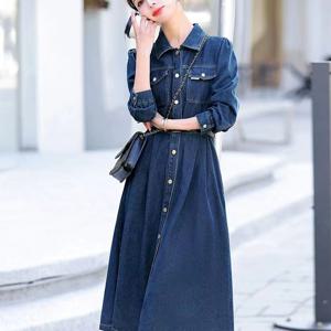 TEMU 2025년 봄과 가을 신상 레트로 커뮤팅 템퍼먼트 허리 슬리밍 데님 스커트 포켓 라펠 데님 드레스 여성용