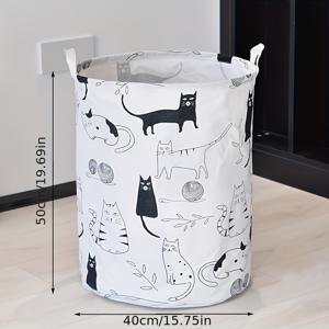 TEMU 1 접이식 고양이 패턴 라운드 세탁바구니 - 대용량 오픈마우스 욕실, 발코니, 가정용 세탁바구니
