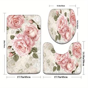 TEMU 3개입 어버이날 핑크 장미 패턴 욕실 매트 세트 (화장실 좌석 커버 및 U자형 발 매트 포함)|발매트|변기커버