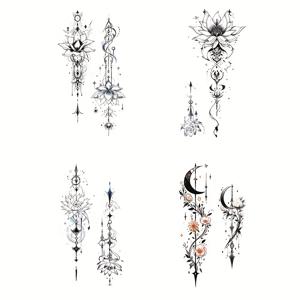 TEMU 4pcs YOEMTAT 핸드 임시 타투 스티커 블랙 로터스, 달, 기하학적 패턴, 방수 바디 아트 팔, 커플, 친구 - 여성, 남성, 허리, 복부, 어깨, 가슴, 다리