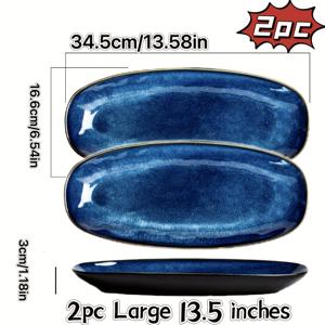 TEMU 2개 세트 블루 피쉬 플레이트 - 두꺼운 버전, 그라데이션 블랙 백 디자인, 독특한 레스토랑 및 가정용 오벌형 세라믹 생선 접시