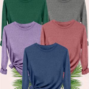 TEMU 5종 솔리드 컬러 라운드넥 긴팔 상의, 봄/가을 캐주얼 루즈핏 셔츠, 여성 의류