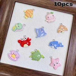 TEMU 10개 귀여운 만화 해양 동물 참 - 파스텔 레진 미니 조각상, 거북이, 해파리, 게, 조개, 고래 포함, 주얼리 제작, 목걸이, 가방 참에 적합 - 수제 해양 장식 추가품, 공예 용품