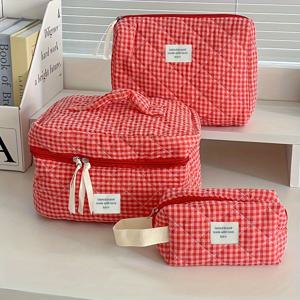 TEMU 쓰리베리 컬러 체크 메이크업 파우치, 화장품 및 세면도구 정리함