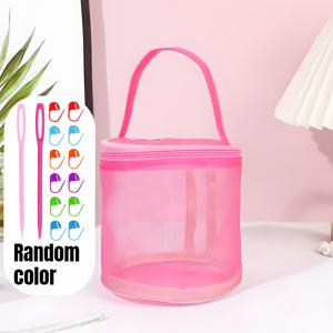 TEMU 대형 다용도 털실 보관 가방 1개 (14가지 재봉 부자재 포함) - 휴대용 속이 빈 정리함, 손잡이 및 드로스트링 포함, 공간 효율적인 여행을 위한 원형 버킷 디자인