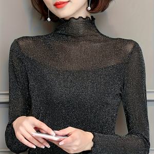 TEMU 플러스 사이즈 - 플러스 사이즈 레이스 탑, 세미 하이 칼라 및 메쉬 원단, 골드 및 실버 스레드 특징, 신상 가을 긴팔 한국 스타일 여성 의류