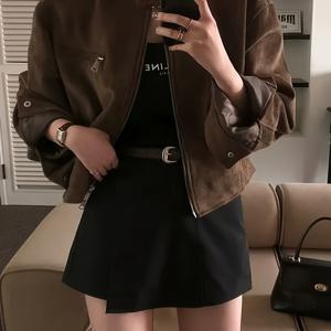 TEMU 가을 빈티지 스타일 스탠드 칼라 지퍼 포켓 루즈핏 멀티 숏 모터사이클 재킷 여성용