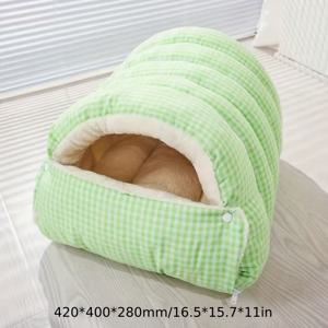 TEMU 고품질 그린 체크 펫 침대, 두 가지 사이즈 제공, 듀얼 펫 경험을 위한 분리형 디자인