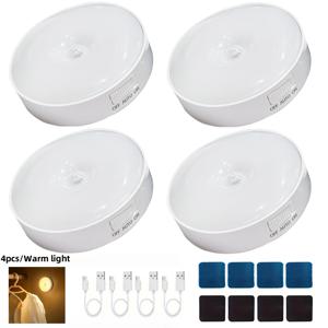 TEMU 새로운 화이트 디자인 원형 모션 센서등 4개 세트, 충전식, 모션 센서 장착, LED 마그네틱 야간 조명, 침실 침대 옆, 옷장, 주방, 계단, 복도, 사무실 및 기숙사 등 다양한 조명에 적합