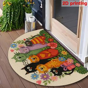 TEMU 1 Creative 고양이와 꽃무늬 현관 매트 | 귀여운 고양이와 꽃 패턴의 반원형 현관 매트, 욕실, 주방, 복도용 기계 제작 실내 매트 | 미끄럼 방지 PVC 뒷면, 폴리에스터, 오렌지, 핑크, 그린, 퍼플 - AimzzaSKY