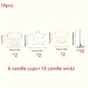 TEMU 16개 티라이트 양초 제작 세트 - 투명 플라스틱 내열 보이트 홀더 (하트, 사각형, 원형 모양), 26mm 길이의 심지 포함 (공예용)