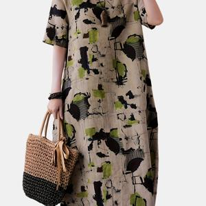 TEMU 여성용 우아한 플로럴 프린트 반팔 드레스 - 핏감 좋은 탑 & 부드러운 밑단, 라운드넥 캐주얼~세련된 스타일, 봄 여름 가을용 기계 세탁 가능 경량 소재, 포켓 디자인, 아시안 인스퍼레이션, 귀여운 원피스, 오버사이즈 스커트 스타일, 비투명 소재|린넨