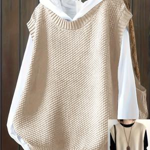 TEMU 플러스 사이즈, 오버사이즈 민소매 스웨터 - 솔리드 컬러 라운드넥 블라우스, 세탁기 사용 가능 봄/가을 레이어링 아이템|민소매