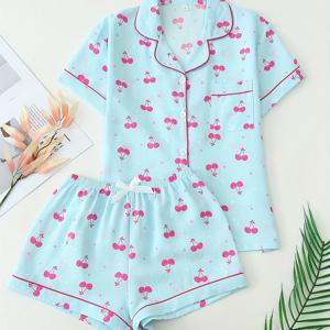 TEMU 여성용 귀여운 체리 프린트 파자마 세트, 라펠 칼라와 리본, 캐주얼 스타일, 폴리에스터와 엘라스탄 혼합, 봄/여름 컬렉션, 성인에게 적합