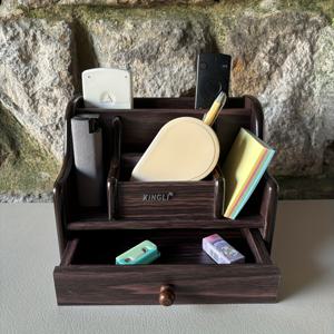 TEMU 빈티지 크리에이티브 나무 책상 수납 선반 - 다기능 필통, 리모컨 보관함, 가정용 침실 메이크업 선물 (친구 및 가족용)