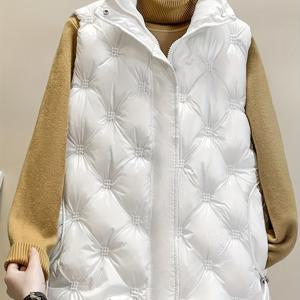 TEMU 여성 패션 2024 신상 가을/겨울 두꺼운 조끼, 한국 스타일 따뜻한 아우터웨어 가디건, 스탠드업 칼라와 반짝이는 더블 포켓이 있는 세련된 스타일리시 조끼 재킷