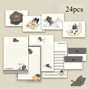 TEMU 24개 작은 검은 고양이 봉투 세트 귀여운 카드 커뮤니케이션 편지용 종이 간단한 학생 창의적 봉투, 12장의 편지지, 12개의 봉투, 초대장 및 편지에 적합|편지지