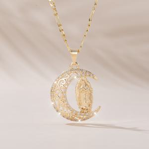 TEMU 마돈나와 달이 새겨진 매력적인 구리 상감 큐빅 지르코니아 펜던트 목걸이는 사랑하는 사람, 친구에게 선물하거나 좋은 소원을 빌 때 완벽합니다. 일상적인 사용 또는 발렌타인데이에 적합합니다.