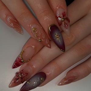 TEMU 우아한 플로럴 디자인, 고급스러운 골드 비즈, 별빛 반짝임, 부드럽고 세련된 웨이브 패턴이 돋보이는 24개 세트 아몬드형 인조 네일. 모든 여성에게 적합하며, 네일 파일과 젤리 글루가 포함되어 쉽게 적용 및 착용 가능