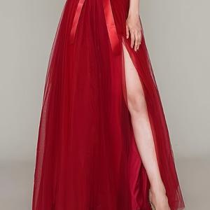 TEMU 벨트, 슬릿 헴, 안감, 단색, 사계절용, 메쉬 A라인 디자인, 탄성 허리 밴드, 원단을 특징으로 하는 우아한 하이웨이스트 시어 롱 스커트