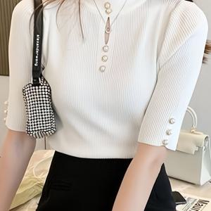 TEMU 여성용 화이트 니트 블라우스 버튼 디테일 - 하이 넥, 반팔, 봄/여름 탑, 캐주얼 스타일, 캐주얼 웨어 탑 | 스타일 | 슬리크 넥라인