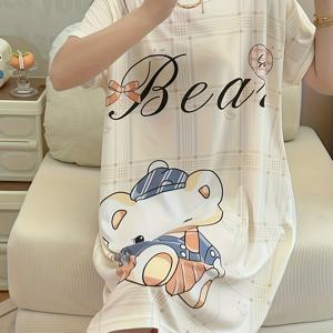 TEMU 여성용 여름 반팔 잠옷 드레스 - 귀여운 만화 곰 & 체크무늬 프린트가 있는 가벼운 통기성 루즈핏 파자마 나이트가운, 라운드 넥 기계 세탁 가능 홈 라운지 드레스, 청소년 및 성인용 편안한 이불, 유쾌한 수면복, 부드러운 슬립웨어, 캐주얼 나이트드레스, 신축성 있는 나이트가운