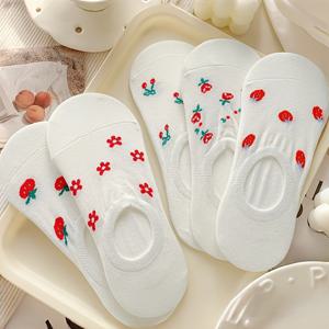 TEMU 5켤레 화이트 초슬림 여성용 노쇼 양말, 체리 딸기 과일 패턴, 여름 데일리 캐주얼 멀티스타일 짧은 양말, 카드 없음