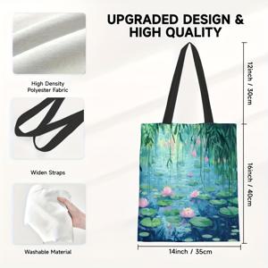 TEMU 1개 모네의 수련 예술 프린트 토트백 - 내구성 있는 폴리에스터 접이식 재사용 가능한 쇼핑백, 고정 어깨끈 포함, 직사각형 디자인, 여행 및 부활절, 어머니날 & 졸업 선물용, 생동감 넘치는 인쇄 백, 고정 스트랩 가방