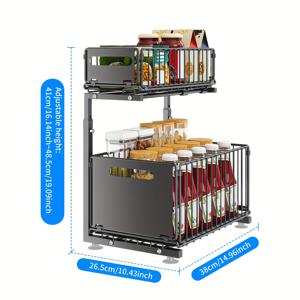 TEMU 1개 2단 접이식 미끄럼방지 금속 정리대 - 싱크대, 캐비닛 & 카운터탑용 다목적 주방, 욕실, 레스토랑 및 야외 바베큐 보관 솔루션, 공간절약형 디자인, 튼튼한 구조, 간편 설치 가능, 랙|욕실선반|싱크대
