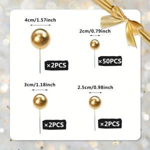 TEMU 56개 골든 볼 모양 케이크 토퍼 세트, 컵케이크 및 케이크 삽입용 진주 볼, 생일 파티 및 결혼식에 적합.