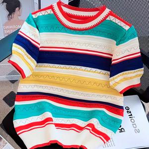 TEMU 2025년 신상 여름 컬렉션 빈티지 컬러 블록 자카드 캐주얼 라운드넥 여성 스웨터,|반팔니트