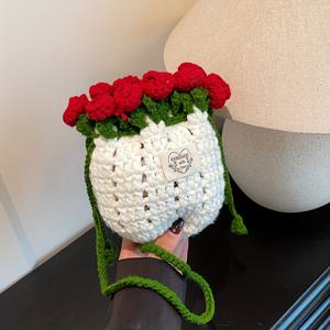 TEMU 여성용 크로스백 - 달콤하고 사랑스러운 꽃 핸드메이드 니들 훅 직조 백, 한국 스타일 신상 대비 컬러 버킷백, 니치 디자인 심플, 쇼핑용 휴대폰 가방