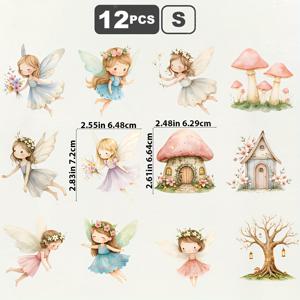 TEMU 12pcs 워터컬러 매직 가든 페어리 귀여운 자연 페어리 숲 판타지 페어리 테일 하우스 매직 핑크 세트 DIY 데칼, DTF 의류 티셔츠 청바지 배낭 의류 스티커 개인화 스타일 세탁 가능 열전달 디자인 데칼