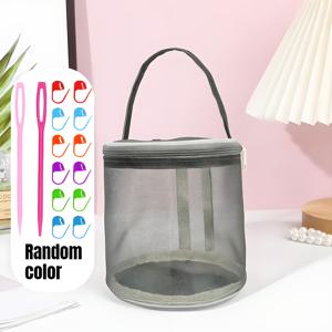 TEMU 대형 다용도 털실 보관 가방 1개 (14가지 재봉 부자재 포함) - 휴대용 속이 빈 정리함, 손잡이 및 드로스트링 포함, 공간 효율적인 여행을 위한 원형 버킷 디자인