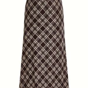 TEMU 우아한 빈티지 브라운 체크 스커트 - 하이웨이스트 미디/롱 길이 H라인 실루엣 우산 밑단 마르모렐 스타일 - 세탁기 사용 가능 사계절용, 세미포멀 & 캐주얼 의상 (브라운 체크)