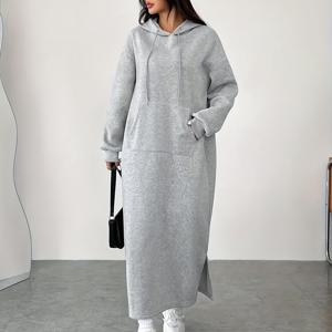 TEMU 여성용 편안한 캐주얼 긴 솔리드 컬러 후드티, 앞면 포켓의 루즈핏, 캐주얼 긴팔 루즈 드레스|여성원피스|민소매원피스|드레스