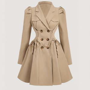 TEMU 카키 허리 조임 긴팔 여성 트렌치 코트, 가을 드레스