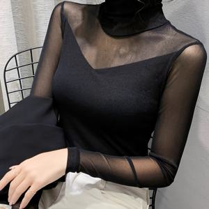 TEMU 우아한 여성 탑, 반투명 블라우스, 부드럽고 신축성 있는 통기성 원단, 하이넥 디자인, 메쉬 스플라이스 긴팔 티셔츠, 캐주얼 및 포멀 웨어 모두 활용 가능, 단색 패션|셔츠