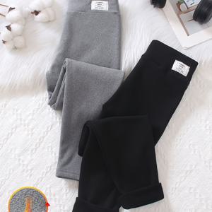 TEMU 솔리드 컬러의 양말이 있는 플리스 안감 레깅스가 특징인 여아용 패셔너블한 투피스 세트. 가을, 겨울 캐주얼 웨어 및 야외 활동에 완벽합니다.