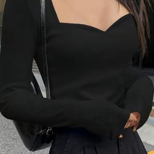 TEMU X6429 가을 여성용 단색 캐주얼 긴팔 티셔츠, 스위트하트 넥라인 디자인, 핏이 잘 맞고 매력적인 느낌, 기본 레이어링 아이템으로 완벽