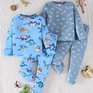 TEMU 소년 만화 공룡 패턴 캐주얼 긴팔 크루넥 티셔츠 상의와 바지 4피스 세트, 긴팔 풀오버 셔츠와 바지 포함, 부드럽고 통기성 좋은 폴리에스터와 스판덱스 소재, 세탁기 사용 가능, 야외용 소재. 야외 착용에 완벽. 봄, 가을, 사계절 착용, 야외 활동에 완벽