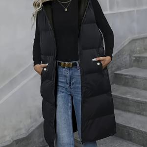 TEMU 집업 후드 푹신한 패딩 조끼, 캐주얼 민소매 사선 포켓, 가을 겨울용 보온 미디 기장 조끼, 여성 의류