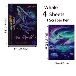 TEMU 4장 야광 스크래치 카드. 흥미로운 수제 그림, 수중 세계와 고래 시리즈 포함, 각각 독특한 이미지로 장식용 그림으로 사용 가능
