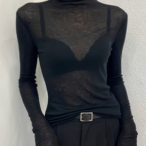 TEMU 플러스 사이즈, 여성용 블랙 하이넥 티셔츠 2025 신상 가을 겨울 시스루 메쉬 얇은 레이어 탑 마스크 긴팔 티