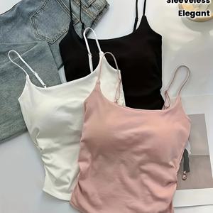 TEMU 여성용 민소매 캐미솔 3종 세트 - 우아한 플리츠 디자인, 내장 패딩, 신축성 있는 핏, 단색 (화이트, 블랙, 핑크)으로 레이어링 또는 봄, 여름에 혼자 입기 좋은 제품 - 크리스마스 및 발렌타인데이에 완벽