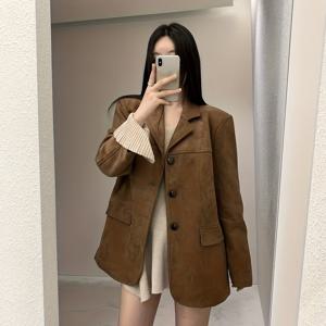 TEMU 여성용 한국 스타일 오버사이즈 브라운 모브(토프) 재킷 - 겨울용 따뜻한 칼라 코트, 싱글 브레스트 버튼 프론트, 한국 웨이브 스타일 캐주얼 , 가을/겨울용, 손세탁 가능한 루즈핏 아우터웨어